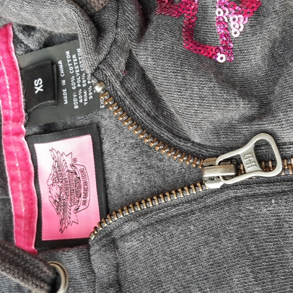 Harley Davidson Size XS Breast Cancer Awareness Grey Pink Sequin Hoodie - Picture 4 of 17